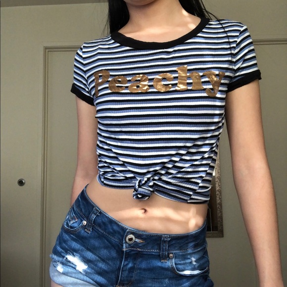 Blue & White Striped ‘Peachy’ Graphic T-Shirt - Picture 2 of 3